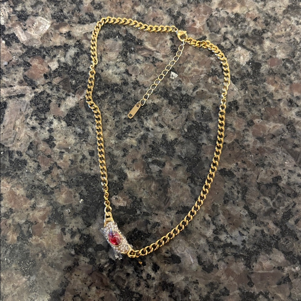 Elegant Gold necklace with cz stones and Red Gemstone - Picture 5 of 6